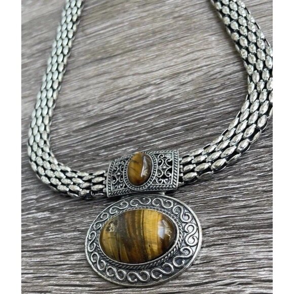 Vintage Tiger's Eye Silver Tone Women’s Necklace Chain 2 Pendants Elegant Sz 22” - Picture 10 of 14